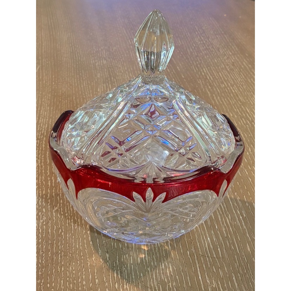 Vintage Cut Crystal Covered Candy Dish Ruby Red Flash Glass 9in Tall Lidded Bowl